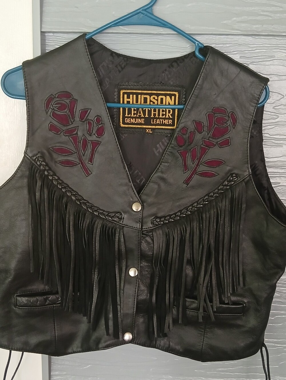 Brand New Vintage Hudson Leather Black Fringe Vest with Red Rose Appliqué